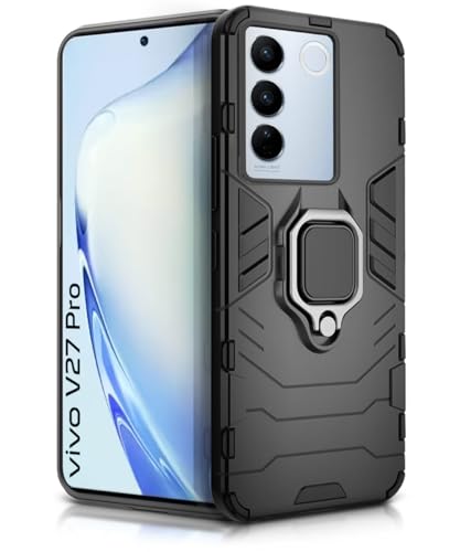 Image of WOW IMAGINE Shock Proof Back Case Mobile Cover for Vivo V27 | V27 Pro 5G (Tough Armor | Hybrid PC + TPU | Full Protection with Ring Holder & in-Built Kickstand | Black)