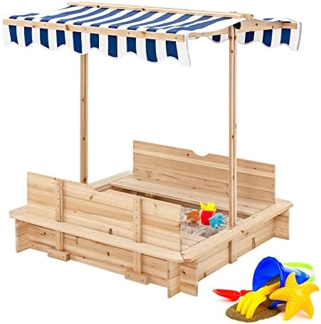 Costzon Kids Wooden Sandbox with Convertible Canopy, Cedar Square...