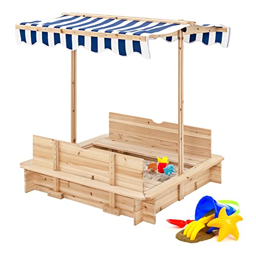 Costzon Kids Wooden Sandbox with Convertible Canopy, Cedar Square Cabana Sandbox with Cover, 2 Bench Seats w/Backrest, Children Outdoor Playset Sandpit for Backyard, Home, Lawn, Garden, Beach