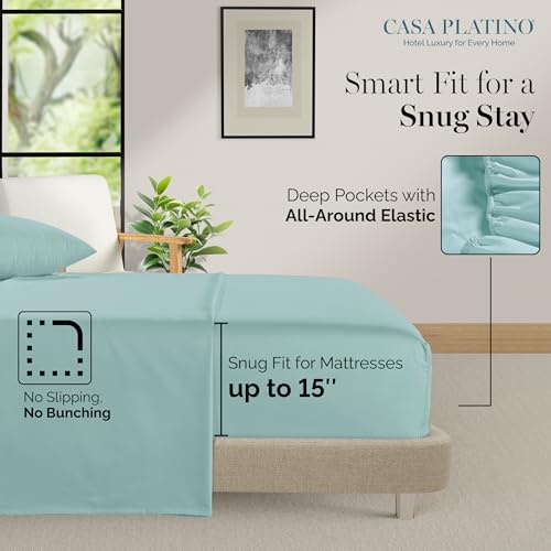 Casa Platino 100% Egyptian Cotton Sheets Twin Size Set - 4 Pcs (1 Flat, 1 Fitted, 2 Pillowcases)- Ultra Smooth Sateen Weave Bed Sheets Set with 15" Deep Pockets - Blue Sky