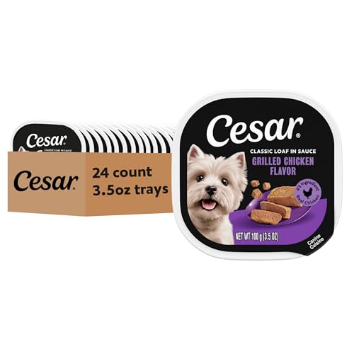 Image of Cesar Classic Loaf in Sauce Wet Dog Food, Grilled Chicken, 3.5 oz, 24 Count | Made in USA, Real chicken #1 ingredient, slow-cooked tender texture, no fillers or artificial flavors, easy peel trays