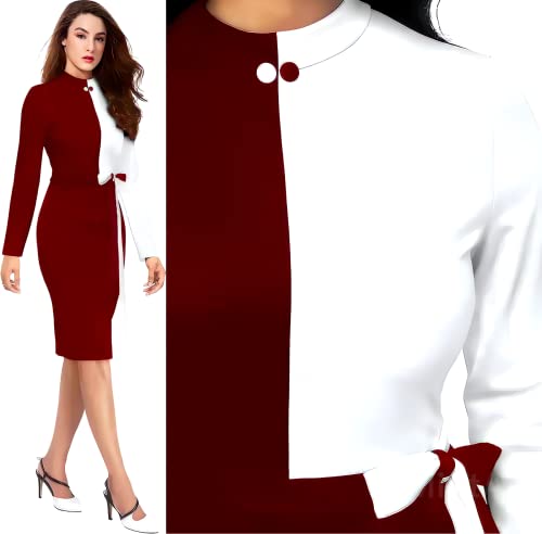 Image of Women Polyester Colour-Block Bodycon Dress, Round Neck and Comfortable Belt