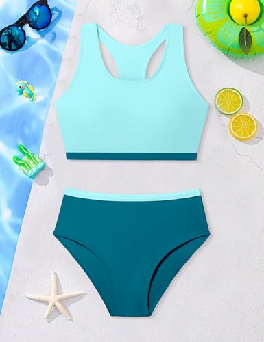 Image of DONWEN Girls Swimsuits V Neck Bikini Set Textured High Waist Girl Two Piece Bathing Suit