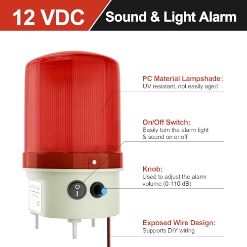 Image of Industrial LED Rotating Strobe Warning Light, 12 VDC Sound & Light Alarm with Knob and Switch, 105-110 dB Volume Adjustable, Red Emergency Alarm Light for Indoor /Outdoor Use