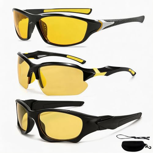 nnOuOnn 3Pack Polarised Night Driving Glasses Anti Glare 2026 New Night Vision UV400 Protection Sports Sunglasses for Men Women Yellow Glasses Set for Cycling Running Driving Fishing