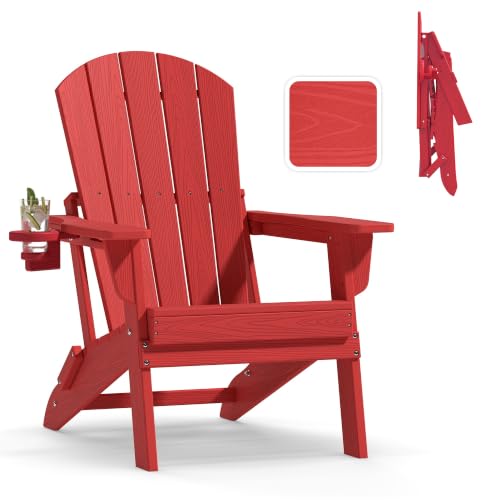 Image of Plawdlik Folding Adirondack Chair with Cup Holder, Red | SGS Tested, Wooden Textured , Heavy All-Weather HDPE Outdoor chairs for patio Backyard Lawn