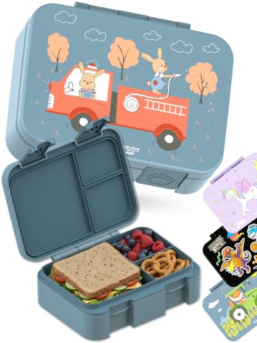 Image of BEARFOOT Kids Lunch Box with Compartments - Compact & Lightweight | Leak-Proof, BPA-Free, Dishwasher Safe | Hand-Drawn Design for Preschool, School, Travel (Firetruck Bunnies Blue, 2.75 Cups)
