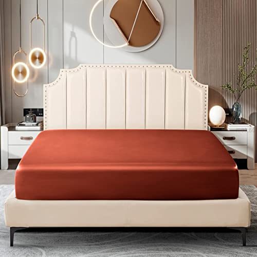 Image of Ersmak Silk Satin Fitted Sheet, Soft Deep Pocket Bottom Luxury Queen Fitted Sheet, Wrinkle Free, Breathable, Fade Resistant - Orange