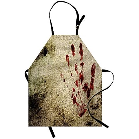 Ambesonne Horror House Apron, Grunge Dirty Wall Bloody Hand Print Murky Palm Trace Victim Violence, Unisex Kitchen Bib with Adjustable Neck for Cooking Gardening, Adult Size, Beige Red Cover
