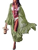 Bsubseach Sexy Green Dot Print Bell Sleeve Long Kimono Cardigan Chiffon Swimsuit Cover Up for Women