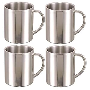 Camping Workshop RVS Thermo Mok Dubbelwandig – Thermobeker Koffiemok Beker met handvat 250ml – Zilver – 4 Personen Set…
