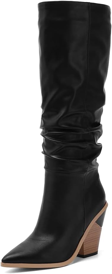 【PARTIMENTO】★ LEATHER FOLDING SLOUCHY TALL BOOTS ★4COLOR Amazon.com | Women's Stylish Stached Heel Slouchy Knee High