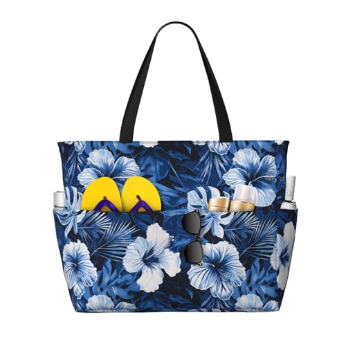 Large Beach Bags for Women Sandproof - Hawaiian Navy Blue Floral Print Summer Work Travel Tote Bags with Zipper