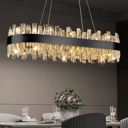 Image of AioTio Modern Crystal Chandelier, L35.4'' Black Rectangle Raindrop Chandelier, 16 Lights Luxury K9 Crystal Oval Ceiling Light Fixture for Kitchen Island, Dining Room, Living Room, Home Office