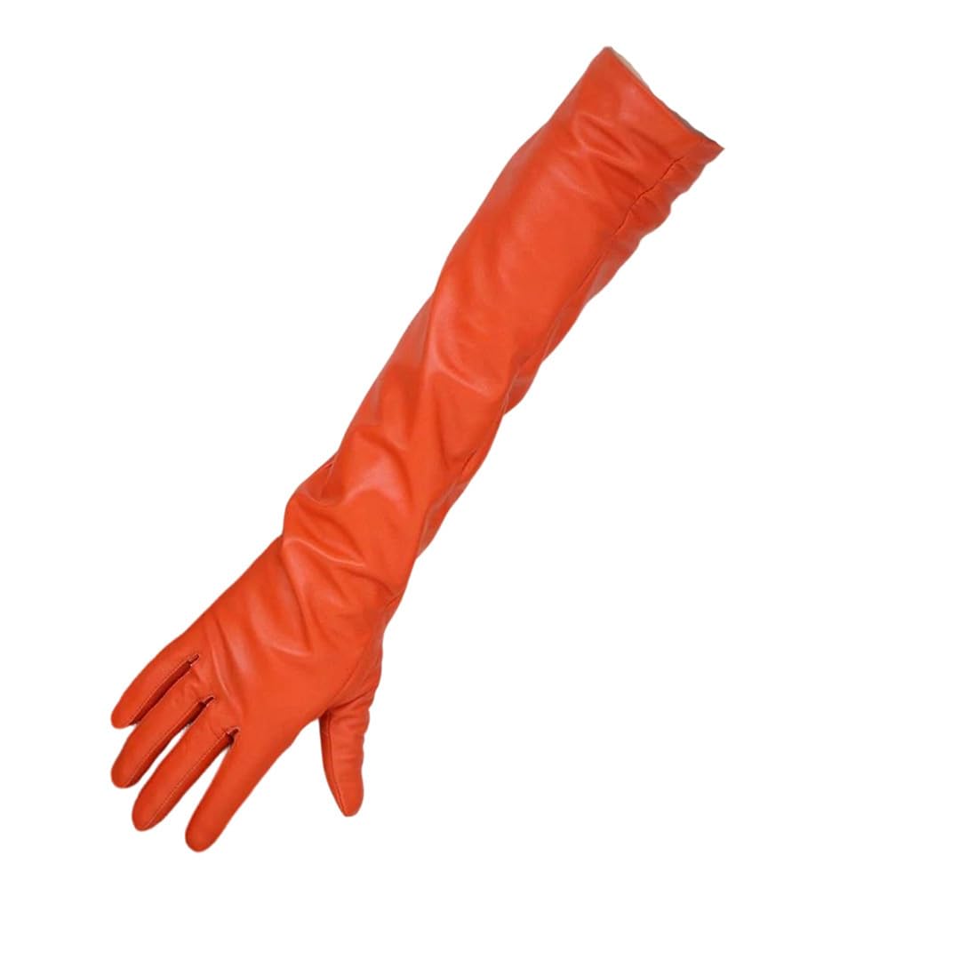 Damen Lange Orange Echtes Leder Handschuhe Schaffell über Ellenbogen Benutzerdefinierte Größe Warm Winter Opern-Stil