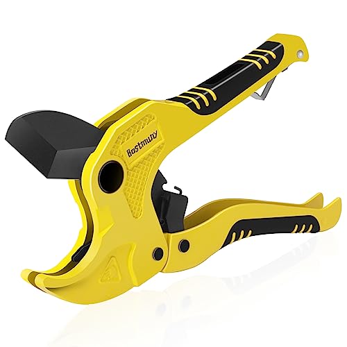 BOSTMUNY Ratchet PVC Pipe Cutter, SK5 Blades Heavy-Duty Pipe Cutting Tool Cuts up to 1-5/8 inch PVC PEX PPR Plastic Hoses and Pipe, Suitable for Home Repairs and Plumber (yellow)