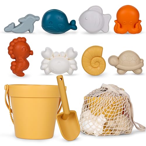 Image of MarcZero 11Pcs Silicone Beach Toys,Modern Baby Beach Toys,Travel Friendly Beach Set,Eco Friendly Toy,Silicone Bucket, Shovel, 8 Sand Molds, Beach Bag,Silicone Sand Toys for Toddlers, Kids (Yellow)
