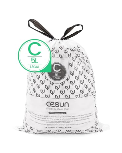 Image of Cesun Code C Drawstring Trash Bags 90 Count, Pre Cut 1.3 Gallon / 5 Liter Small Trash Can Liners, White