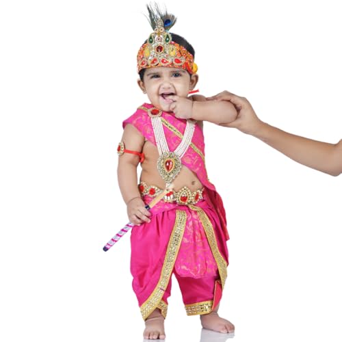 Image of ITSMYCOSTUME Krishna Dress for Baby Boy Kids Set of 10(Dhoti,Hip Cover,Patka,Mukut,Morpankh,Bansuri,Kamarband,Bajuband,Kundal) Little Krishna Ji Kanha Janmasthmi Costume