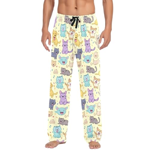 Men's Cute Cat Pajama Pants with Pockets - Straight Fit Cotton Sleep Bottoms for Lounge & Nightwear#7182