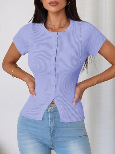 Image of Imily Bela Womens Short Sleeve Sweater Tops Summer Button Down Casual Ribbed Knit Slim Fit Cropped Cardigan Shirts