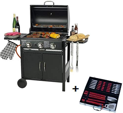 Maxx Barbacoa Carro  Acero Inoxidable  Barbacoa de Gas TÜV Negro para jardín con 3 quemadores Principales  129 x 55 x 100 cm + BBQ Set
