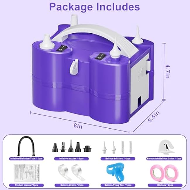 FLSEPAMB Electric Balloon Pump, 3-in-1 Portable Electric Air Balloon Blower Machine Balloon Pump 2 Motor Dual Nozzle Balloon Inflator for Latex 260Q Long Foil Balloons Swimming Rings Air Beds