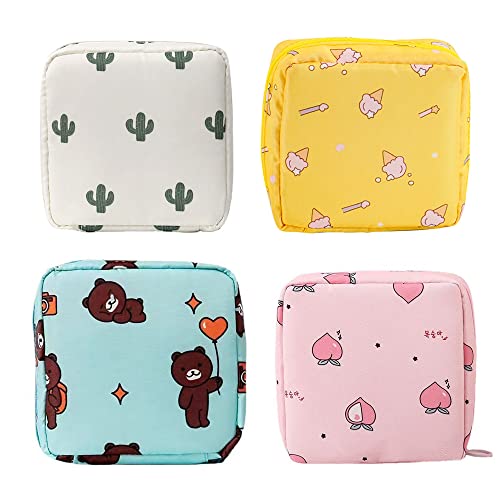 4 Piezas Mini Monedero, Pequeña Bolsa de Maquillaje, Bolsa de Monedas Portátil con Cremallera, Almohadilla Sanitaria Organizador, para Mujer, Niña, Viajes, Vacaciones y Vida Cotidiana, 12*12*4cm