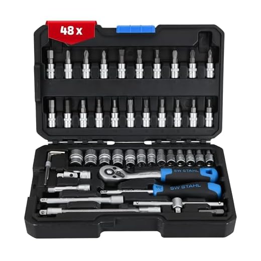 SW-Stahl 07748L Steckschlüsselsatz 1/4" Zoll Sechskant I Werkzeugkoffer 48-teilig I Knarrenkasten klein I Ratschenkasten für Auto I Nusskasten mit Ratsche I Steckschlüssel und Bitsatz