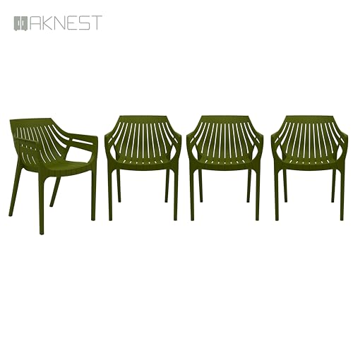 Image of OAKNEST Supreme Spectrum Plastic Arm Chair - Modern Slatted Stackable Chair for Living Room, Dining, Garden, Balcony, Restaurant & Cafe | Indoor Outdoor Designer Chair, Set of 4, Mehandi Green