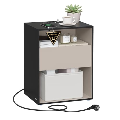 VASAGLE Table de Chevet, Assemblage Ultra-rapide sans Outils Toolless, Table d’Appoint avec Multiprise et Tiroir, Moderne, Chambre, Salon, Noir d'encre...