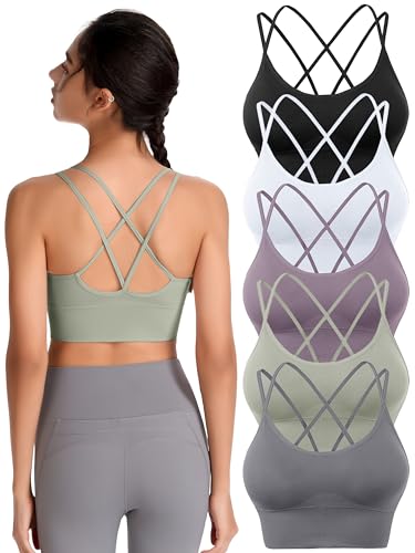 Sujetadores deportivos acolchados para mujer, con tiras cruzadas, espalda cruzada, para yoga, entrenamiento, fitness, correr, gimnasio, parte superior de bajo impacto, Paquete de 5 negro, gris,