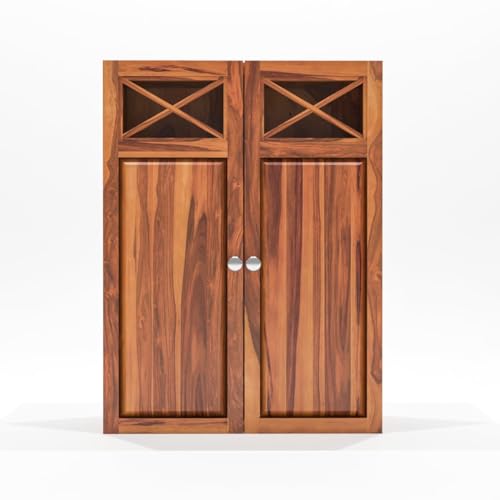 Image of Sheesham Wood Kitchen Cabinet for Home | Wall Mounted Kitchen Rack with Storage | Wooden Kitchen Unit /Organizer with 2 Door Cabinet Furniture with Storage | (Honey Finish)