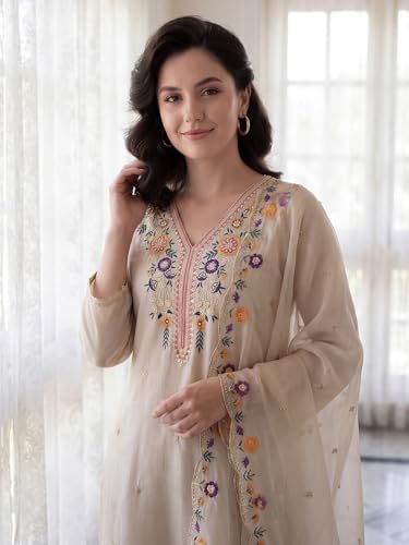 Image of INDO ERA Women's Cotton Blend Solid Straight Kurta Palazzo With Dupatta Set