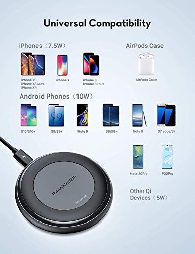 image for RAVPower Fast Wireless Charger 10W Max with QC 3.0 Adapter, Compatible