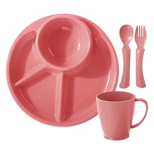 Para el control de porciones, platos para niños con compartimentos, cuenco ovalado 4 compartimentos con tenedor, cuchara y vaso para frutas, verduras, carnes dulces