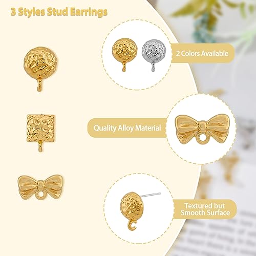 DICOSMETIC 48Pcs 3 Styles Geometric Textured Stud Earring Set Trendy Half Round Bowknot Rectangle Earring Post Gold and Platinum Alloy Findings with Open Loop for DIY Earring Jewelry Making - Image 3