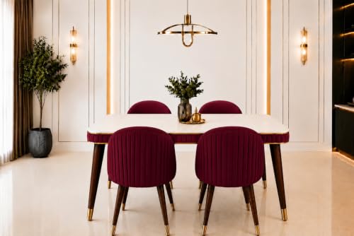 Image of WOODEN SPACE Majestic 4 Seater Wooden Dining Table Set | Urban Marble Top Dining Table with Chairs for Dining Room & Kitchen (Majestic Classic Backline Maroon) (54 x 36 x 30 inch)