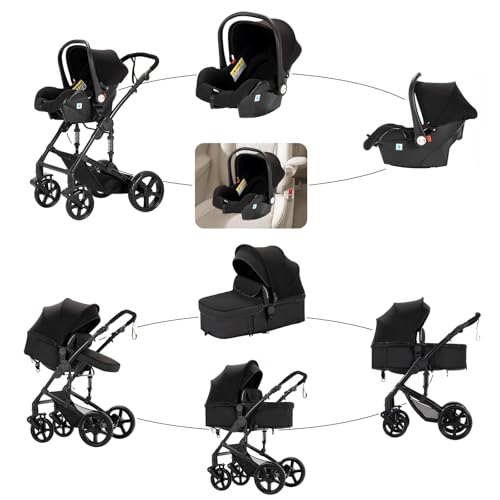 Miniatura 4 de Nine Point Nine Carrito Bebe 3 En 1, Carricoche Bebe 3 Piezas Con Capazo Grande Cómodo, Carro Bebe 3 Piezas Empuje Bidireccional Reversible, Cochecito Bebe Marco De Aleación Aluminio 588 Black