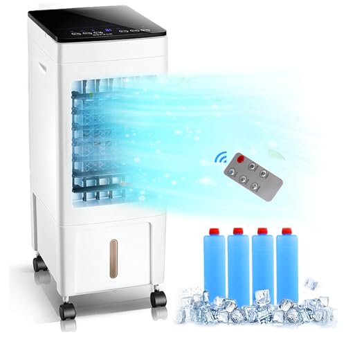 Evaporative Air Cooler Mobile Air Conditioners 8L Water Tank & 3 Wind Speeds & 8H Timer 4 Ice Packs Remote & Touch Control for Small Room Office Bedroom