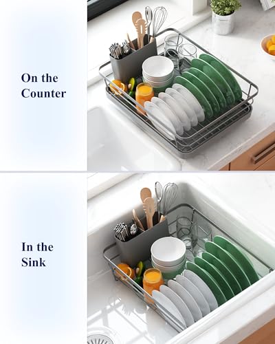Kitsure Dish Drying Rack for Kitchen Counter, Stainless Steel Sink Organization and Storage Essentials with Cutlery Holder, Home and Appartment Decor, 12''W x 15.5''L, Grey