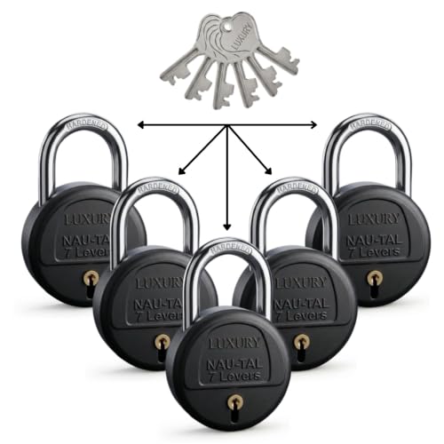 Image of Luxury Nau-tal Round Lock 50mm 5 Padlock with 6 Same Keys 7 Steel Levers Double Locking, Shackle Lock and Keys for Home Door Shutter Shop Office Main Gate Matt Black Finish Pack of 5
