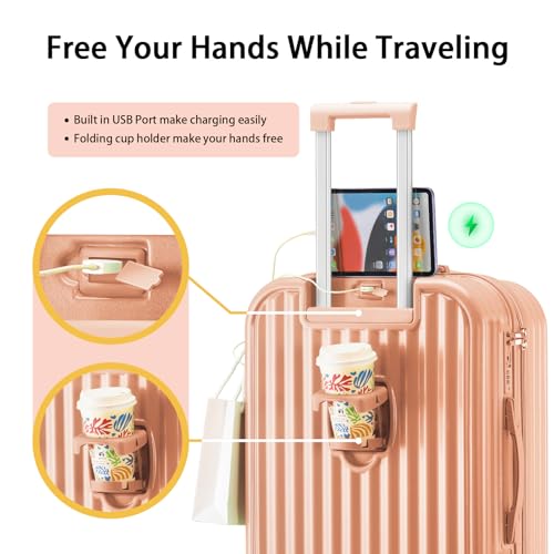 Hard Shell Carry On Luggage With Cup Holder & Charger, 20IN Carry On Luggage With Spinner Wheels, 360° Rotatable, Airline Approved TSA-locked3