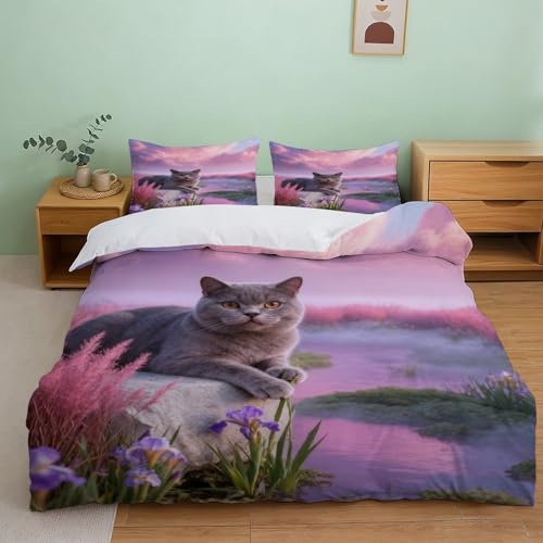 LWXWHR Housse De Couette British Shorthair Microfibre Douce Parure De Lit Motif Herbe Rose avec Taies D'oreillers Confortable Toute L'année Et Facile...