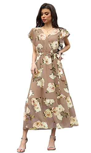 Image of VintageClothing Womens Sundress Casual Floral Summer Boho Dress | Flowy Wrap V Neck Ruffle A-Line Pleated Hem Midi Dresses
