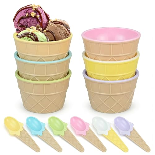 YancLife Set of 6 Ice Cream Dessert Bowls with Matching Spoons Reusable Waffle Cup Style Sundae Bowls Multi-Colored Tableware for Family Parties BBQs Picnics Fruit Salad Snacks (Style 2)