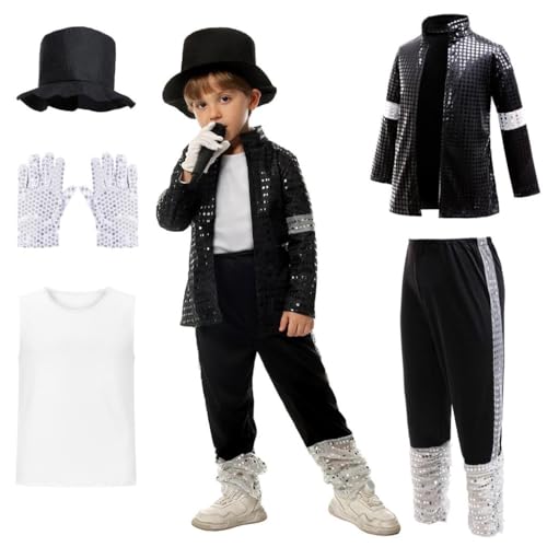 Lito Angels Deguisement Roi de la Pop Garcon - Veste et Pantalon à Paillettes Noire Années 80-90 avec Chapeau Gant, Tenue Moonwalk pour Halloween Fete...