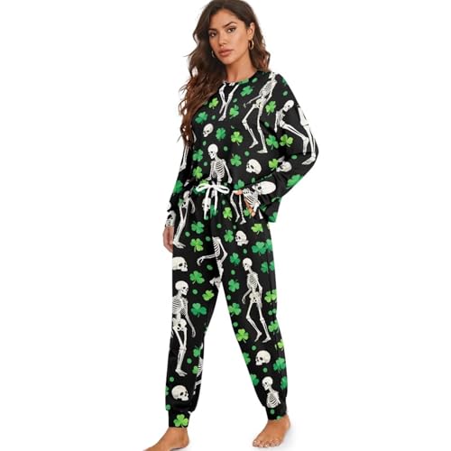 Image of Womens Lounge Set Long Sleeve Soft Pajama Sets Casual 2 Piece Pj Outfit Crewneck Sleepwear with Pockets Plus Size