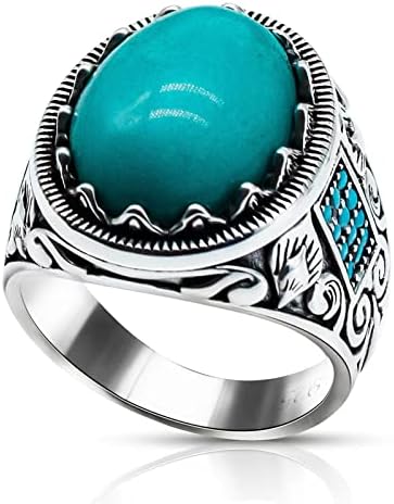 KOOYIN Turquoise Ring for Men and Women in Sterling Silver, Large Oval Biker Ring with Jewelry Box, Turkish Handmade Gemstone Statement Ring, Vintage Birthday Christmas Cocktail Gift Ring (Size 11)