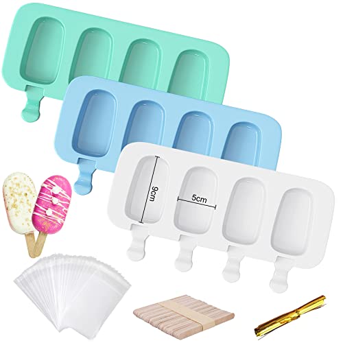 3 Groß Silikon Eisformen Eis Am Stiel 4 Kavitäten Pop Ice Lolly Mould Wiederverwendbare Popsicle Formen BPA-Freie Außerdem 50 Holzstäbchen, 50 Verpackungsbeutel 50 Goldene Kabelbinder Cover